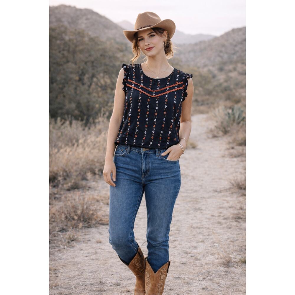 Abercrombie & Fitch Black Embroidered Southwestern Boho Ruffle Tank Top Size Med